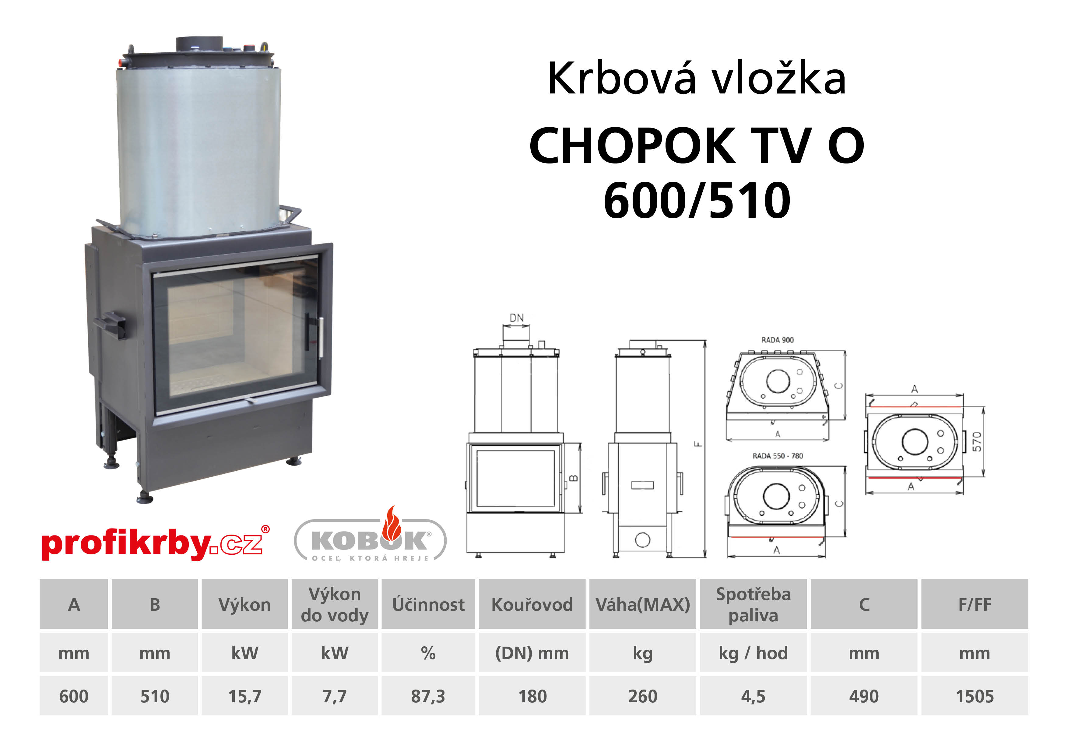 Krbová vložka KOBOK KOBOK  CHOPOK 600/510 PD s výměníkem  - přikládací dveře