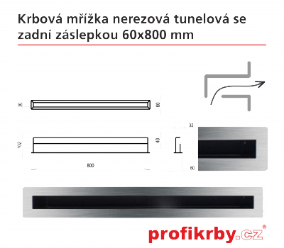 Krbová mřížka Kratki broušený nerez Tunelová/se zadní záslepkou 60x800