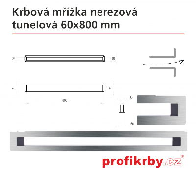 Krbová mřížka Kratki broušený nerez Tunelová 60x800