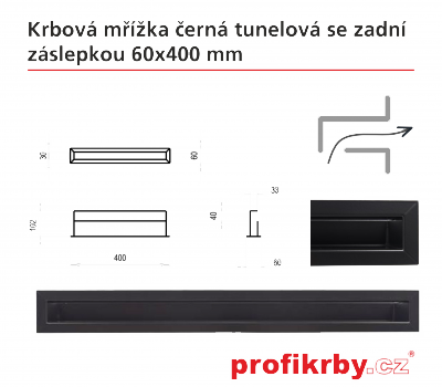 Krbová mřížka Kratki černá Tunelová/se zadní záslepkou 60x400