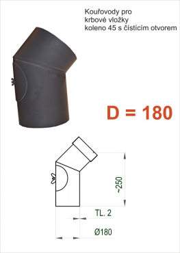 Kouřovod 180 STS Prachatice Koleno 45° - průměr 180 mm tl.2 - čistící otvor