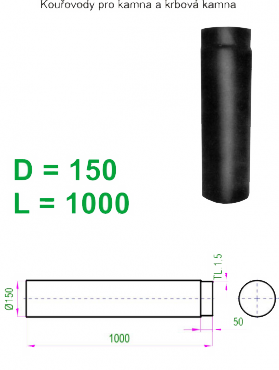 Kouřovod 150 černý V.A.P.K. Roura délky 1000 mm - průměr 150 mm,  tl.1,5