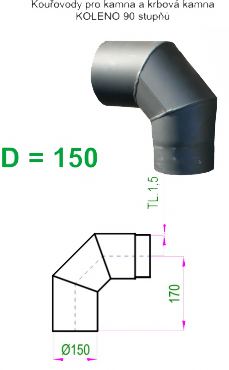 Kouřovod 150 černý V.A.P.K. Koleno 90° - průměr 150 mm   tl.1,5