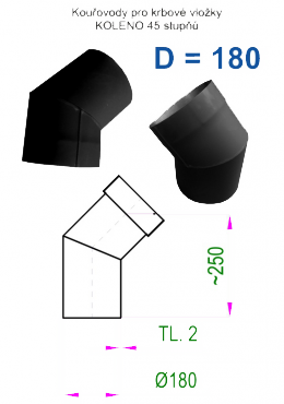 Kouřovod 180 STS Prachatice Koleno 45° - průměr 180 mm  tl.2