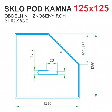 Podložka - sklo pod kamna tloušťka 8 mm Lienbacher 125x125 tvar zkosený roh