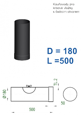 Kouřovod 180 STS Prachatice Roura délky 500 mm - průměr 180 mm  tl.2 s čistícím otvorem