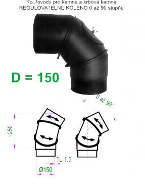 Kouřovod 150 STS Prachatice Koleno regulovatelné - průměr 150 mm  tl.2 - ČO - (0-90°) - 3 segmenty