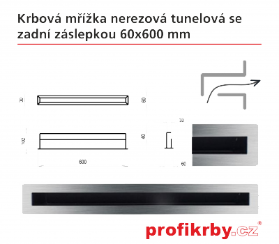 Krbová mřížka Kratki broušený nerez Tunelová/se zadní záslepkou 60x600