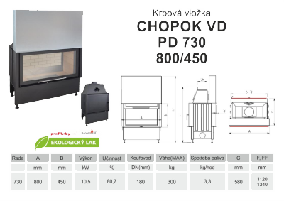 Krbová vložka KOBOK - oboustranná KOBOK CHOPOK O PD VD 730 (800) 450 s výsuvem, přikládací dveře