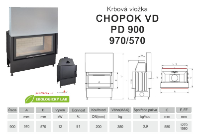 Krbová vložka KOBOK - oboustranná KOBOK CHOPOK O PD VD 900 (970) 570 s výsuvem, přikládací dveře